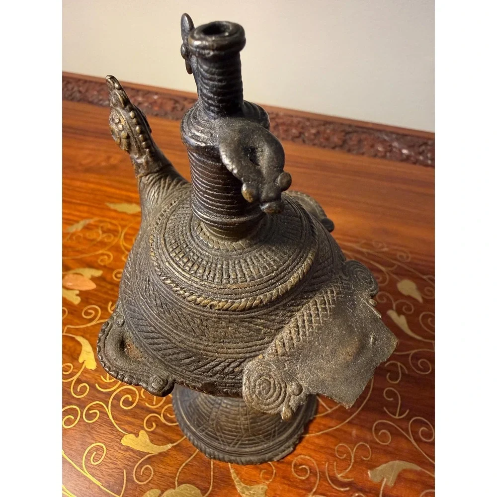 Antique‎ Indian Peacock Oil Lamp, Hand Cast Dhokra Brass Vessel